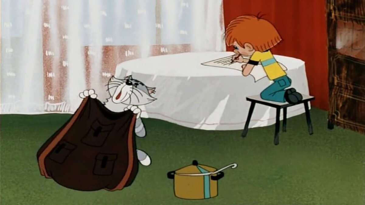 Разделение труда — мальчик пишет прощальную записку, кот собирает вещи.