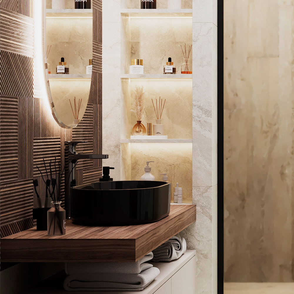 интерьер душевой, внутренние полки с подсветкой