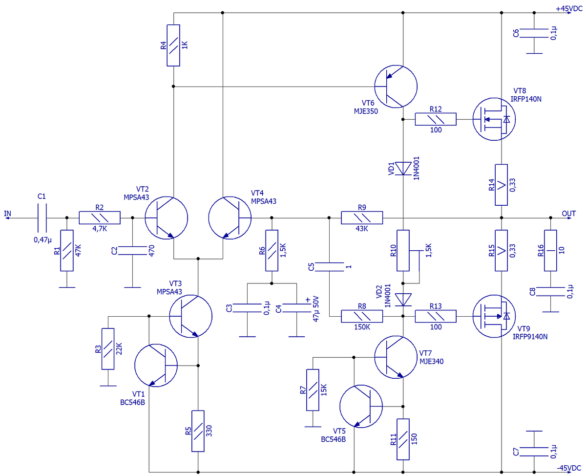 Схема электрическая принципиальная бюджетного варианта усилителя на IRFP