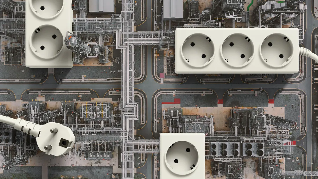 Иллюстрация вида с воздуха на нефтеперерабатывающий завод с удлинителями, составляющими некоторые здания.