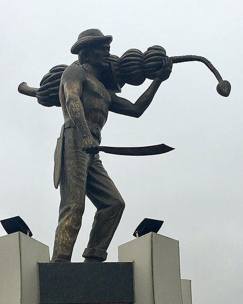 На фото Monumento al Bananero, памятник подчёркивающий роль банана в жизни страны. А ещё в Эквадоре: Всемирная банановая ярмарка, фестивали банана, конкурс красоты World Banana Queen, чемпионаты "Лучшее блюдо из банана", футбольный клуб Bonita Banana («Красивый банан») и много чего ещё бананового. 