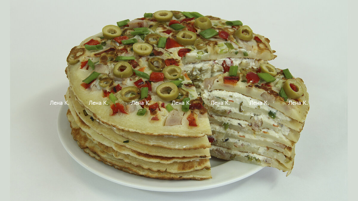 закусочный торт из блинов с припеком,приготовление и фото Лены К.