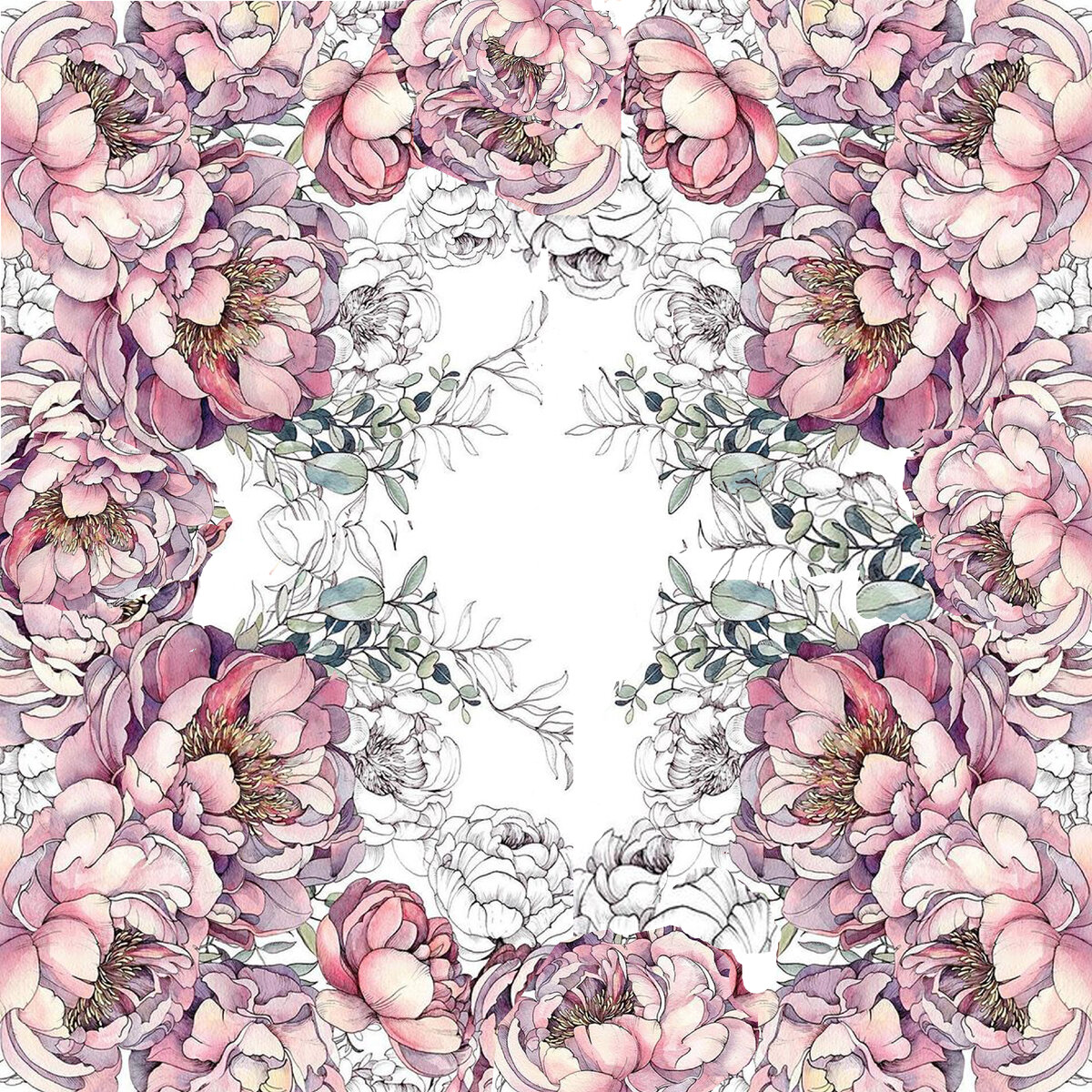 Нарисовала фрагменты-элементы цветов шиповника, сфотографировала и собрала композицию платка на ПК. Оставила не раскрашенными те цветы, которые не обязательно попадут на платок.