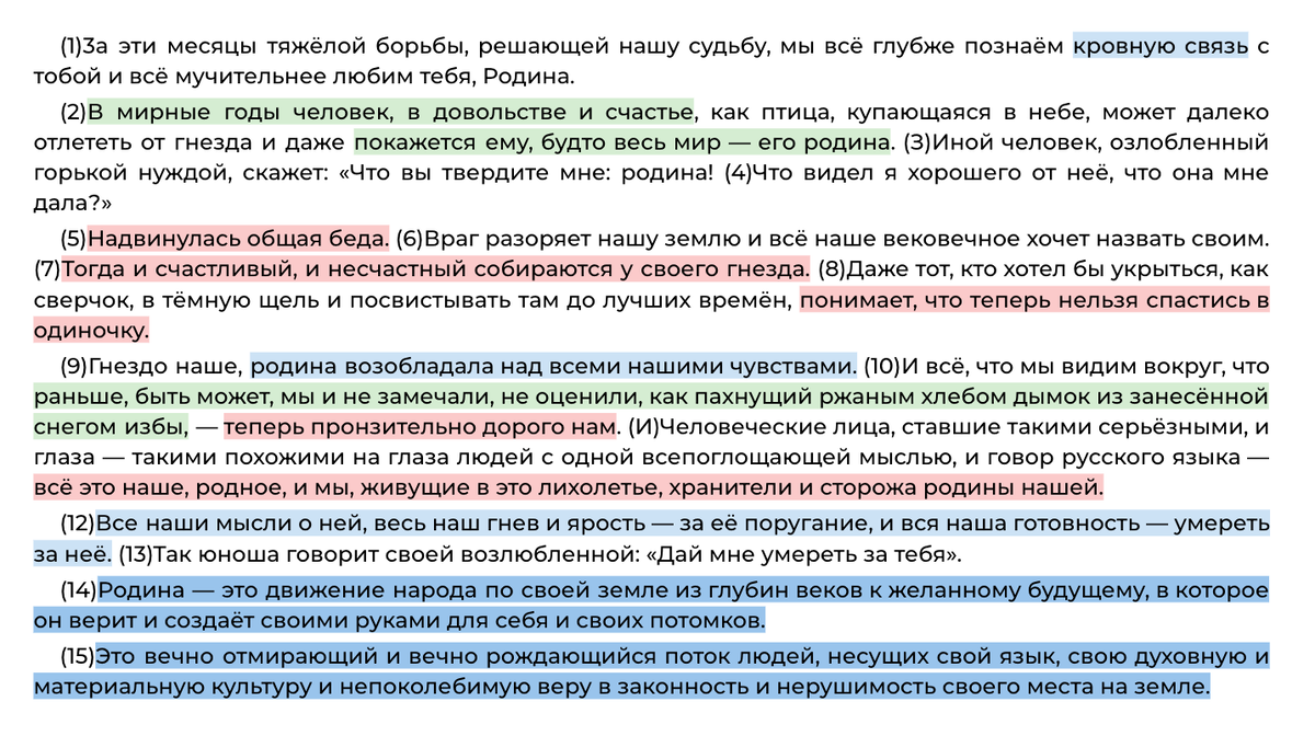 Зелёный / красный = противопоставление: в мирные годы человек не думает о необходимости беречь свою Родину / в трудные времена люди объединяются для защиты общего дома. Голубой / синий = дополнение: значение Родины в жизни человека.