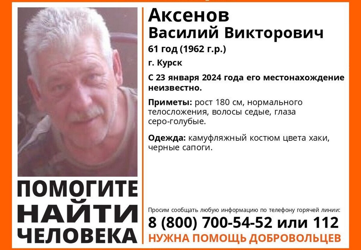    Курские волонтёры разыскивают 61-летнего Василия Аксенова