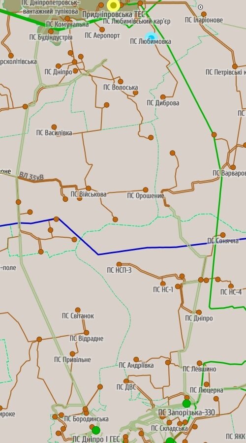 Сеть 35-750 между Днепропетровском и Запорожьем. Днепр тут найти достаточно легко, и даже не по административной границе – его в данном районе не пересекает ни одна ВЛ 35-150 кВ