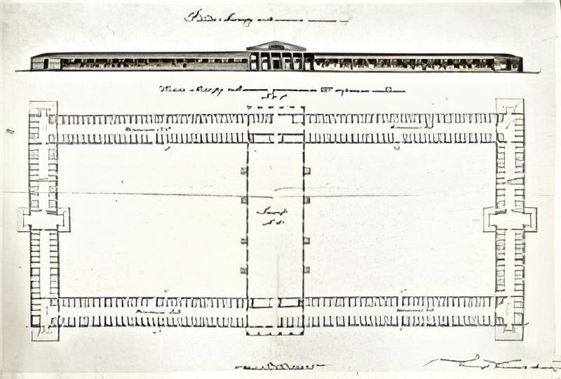 План, фасад конюшен и манежа в мызе Пелла. 1821г.