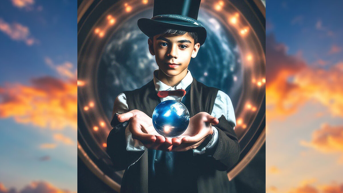 Юный маг держит в руках сферу, внутри которой космос (глазами ИИ)