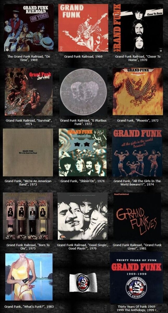 Все студийные альбомы GFR с 1969 по 1986 гг., снизу справа - сборник, где впервые появились три записанные в 1996 году в классическом составе песни 