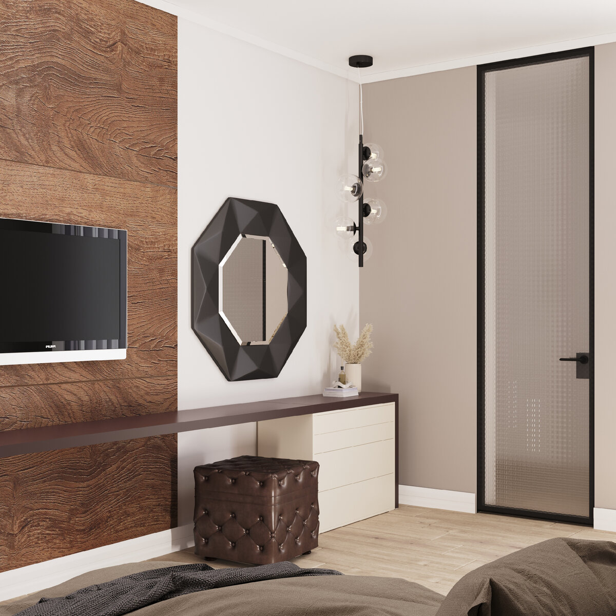 Стеклянная распашная дверь от Portalle. Рельефное стекло выглядит необычно, пропускает свет, но при этом матирует и скрывает происходящее по ту сторону.