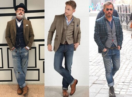 Мужской образ с джинсами, однобортным пиджаком, рубашкой и жилетом