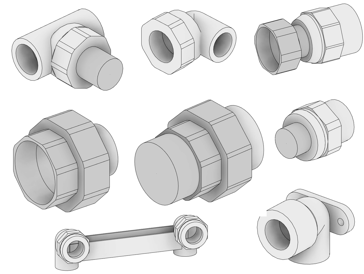 Некоторые фитинги из библиотеки ППР для Revit «крупным планом»