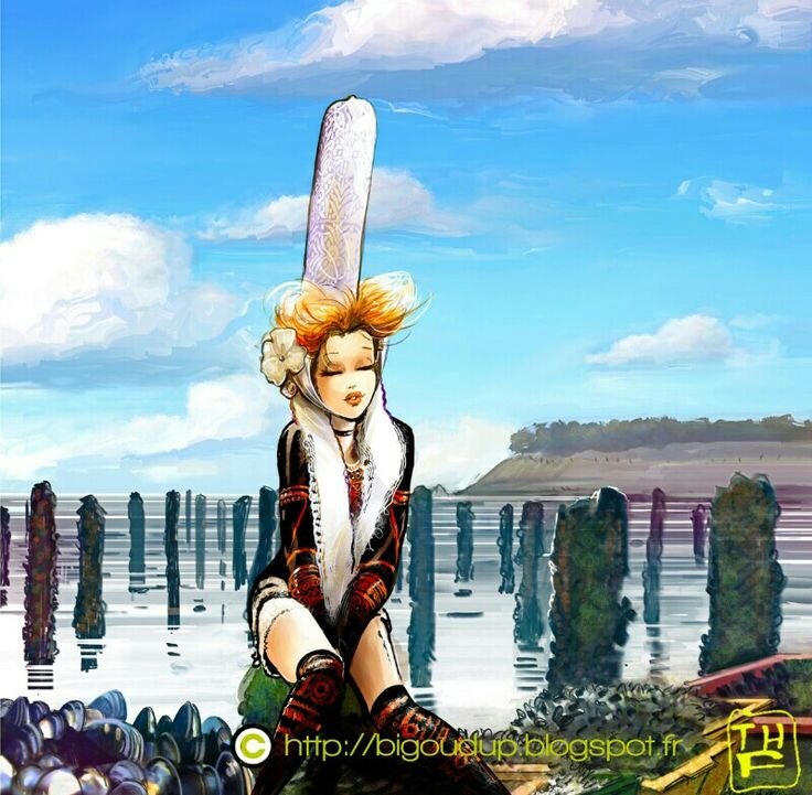 Бретонка в традиционном головном уборе "бигуден" - La Bigoud'up, художник Thierry Fagot // Кстати, сидит она на менгире - эти мегалиты устанавливали люди каменного века. В Бретани сохранилось так много этих сооружений, что за ними даже закрепилось название на бретонском языке 