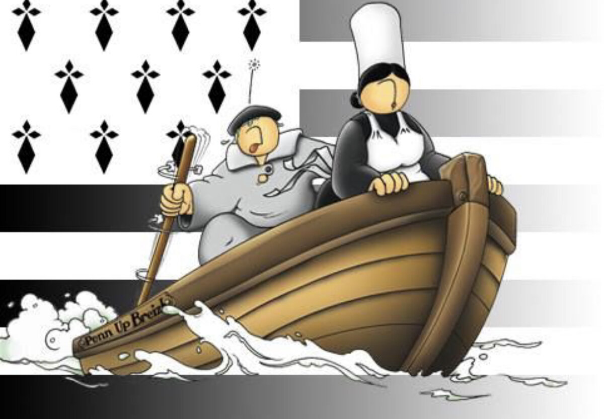 Традиционная бретонка - матушка Гудиг. // На заднем фоне - флаг Бретани, Гвенн ха Ду (Белый и Черный). Белые полосы символизируют провинции, которые говорят на бретонском, черные - провинции, где говорят на языке галло, похожем на французский. В левом углу геральдический символ региона - горностаевый мех