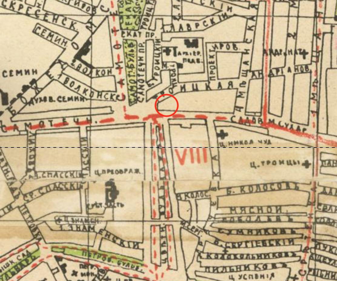 Карта местности 1909 года. Красным кружочком обозначено место нахождения особняка. С сайта www.retromap.ru.