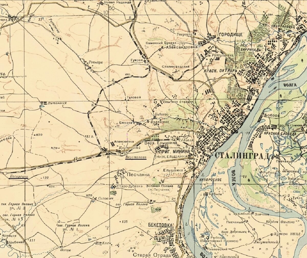 Карта РККА Сталинградской области 1941 г. Басиргино и Воропоново - подчеркнуны
