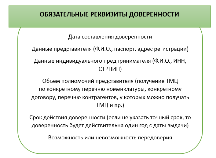 В каких случаях может потребоваться доверенность от ИП на получение товара Если индивидуальный предприниматель не может самостоятельно получить купленный товар или иные материальные ценности (ТМЦ), он