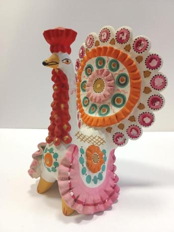 Дубовцева Л. Ю. Игрушка "Индюк ". 1979 г. Сусальное золото, гуашь, красная глина, лепка, роспись