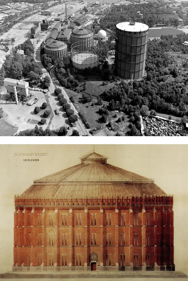 Газгольдеры 1 и 2, построенные в 1893 и 1899 годах по проекту архитектора Фердинанда Боберга.