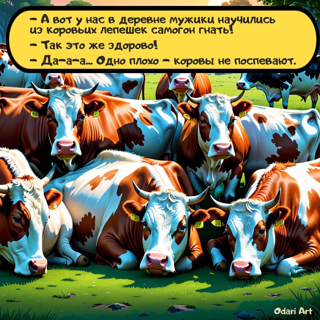 - А вот у нас в деревне мужики научились из коровьих лепешек самогон гнать!  - Так это же здорово! - Да-а-а... Одно плохо - коровы не поспевают.Прикольные открытки от Odari Art