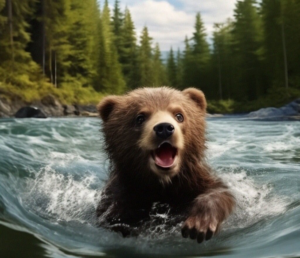 Медвежонок пытался грести, но было видно, что надолго его сил не хватит