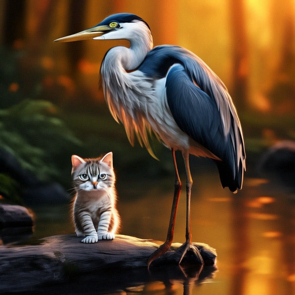 Цапля у Водоема, вместе с маленьким котенком