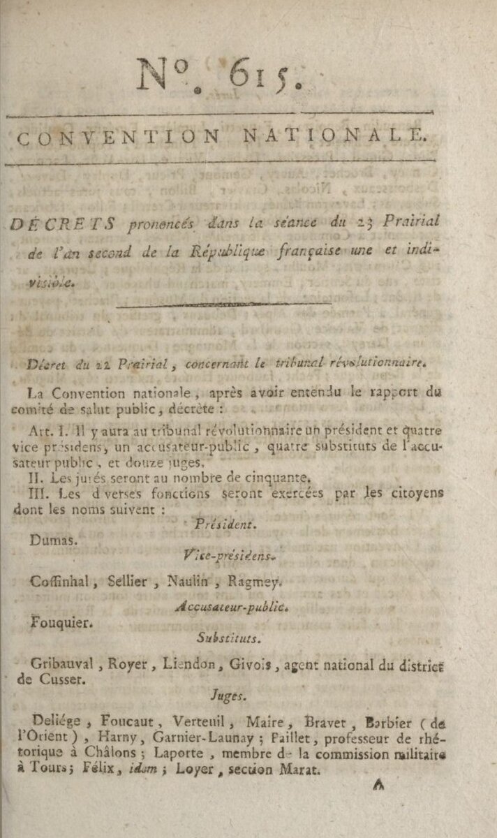 Декрет о Революционном трибунале от 22 прериаля Второго года Французской республики, единой и неделимой (принят 10 июня 1794 года). Источник: https://fr.wikipedia.org/wiki/Loi_de_Prairial#/media/Fichier:Décret_du_22_prairial_an_II,_concernant_le_Tribunal_révolutionnaire.jpg
