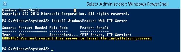 Также можно установить роль FTP сервера одной командой PowerShell:
 Install-WindowsFeature Web-FTP-Server 
