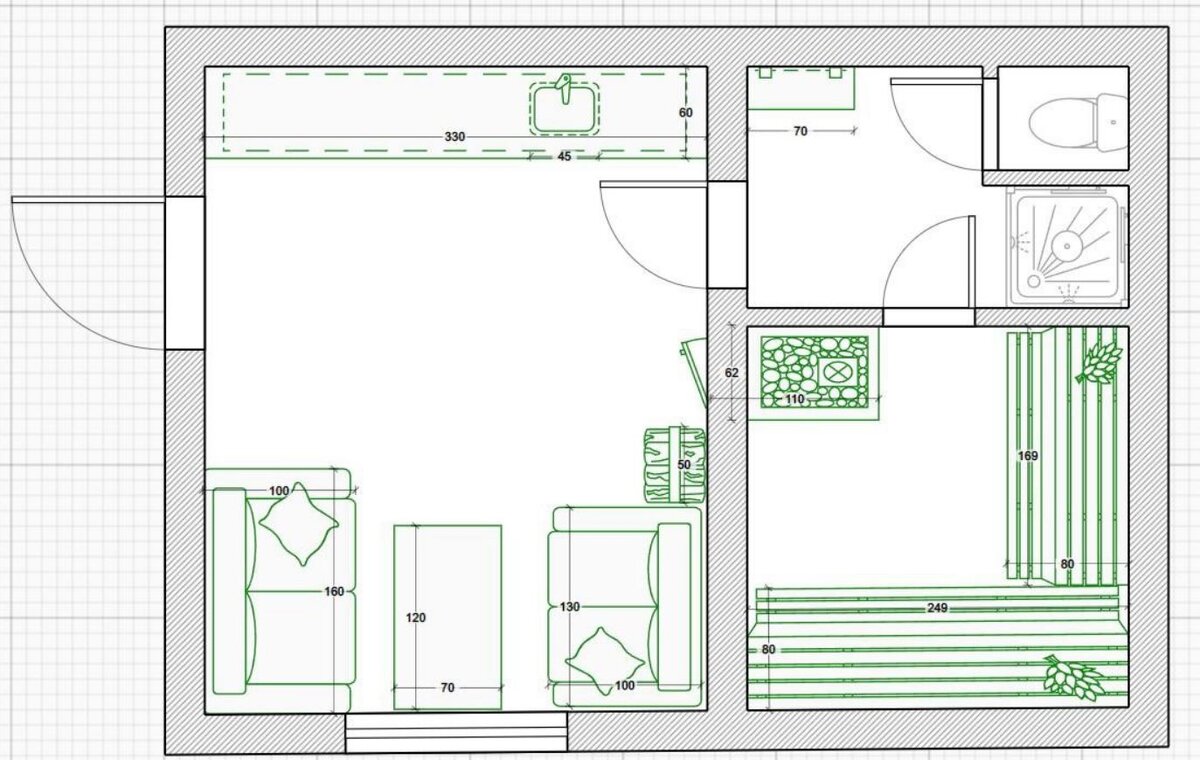 Планировка, к которой я пришел после долгих проработок вариантов, нарисовал ее для менеджера, которая под это уже спроектировала параметры стен, проемов и пр