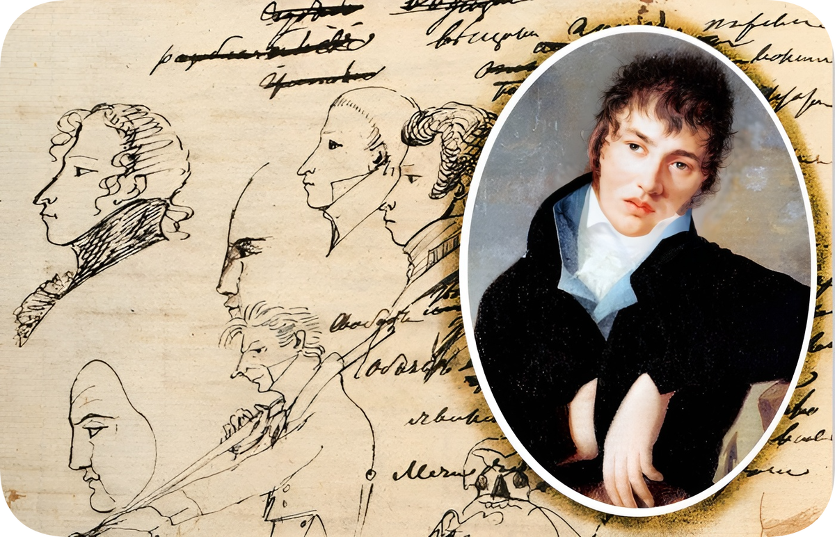 Портрет Фёдора Толстого (1782-1846) кисти неизвестного художника и рисунки А.С.Пушкина. Источник: dzen.ru