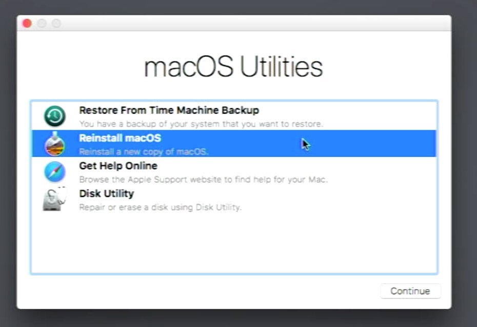 Откройте "Установка macOS High Sierra" с главного экрана раздела восстановления