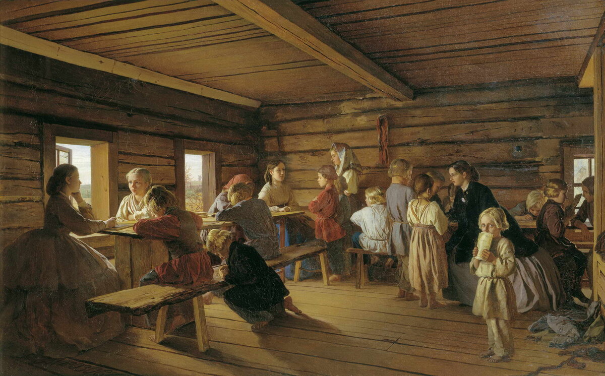 Александр Иванович Морозов, «Сельская бесплатная школа». 1865. Государственная Третьяковская галерея