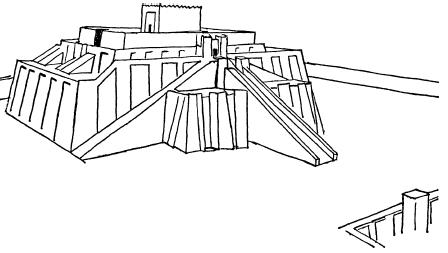    Зиккурат Ура, каким он был во время Авраама (таким его изобразил британский археолог, сэр Чарльз Леонард Вулли, руководивший в 1922–1934 гг. раскопками Ура). Он был высотой 70 футов, а попасть на него можно было по трем сходящимся лестницам 
Источник: https://historylib.org/historybooks/Dzheffri--Bibb_Dve-tysyachi-let-do-nashey-ery--Epokha-Troyanskoy-voyny-i-Iskhoda--KHammurapi-i-Avraama--Tutankhamona-i-Ramzesa/9