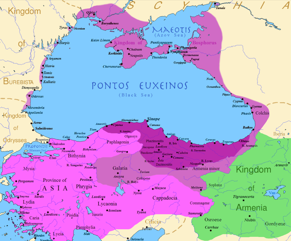 Понтийское царство ( пурпурным) и Царство союзников армян (зеленым)