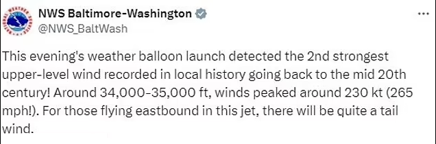 По данным Национальной метеорологической службы США, скорость ветра достигала 265 миль в час на высоте около 35 000 футов над Вашингтоном — на высоте, на которой летают самолеты.