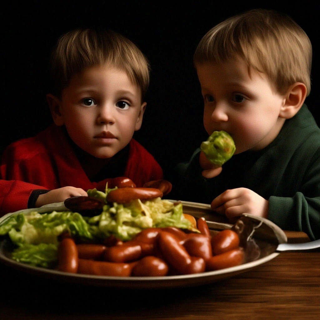 Изображение создано с помощью Шедеврума.  Дети же питаются только капустной и сосисочками... Видимо, так рассуждают отцы. 