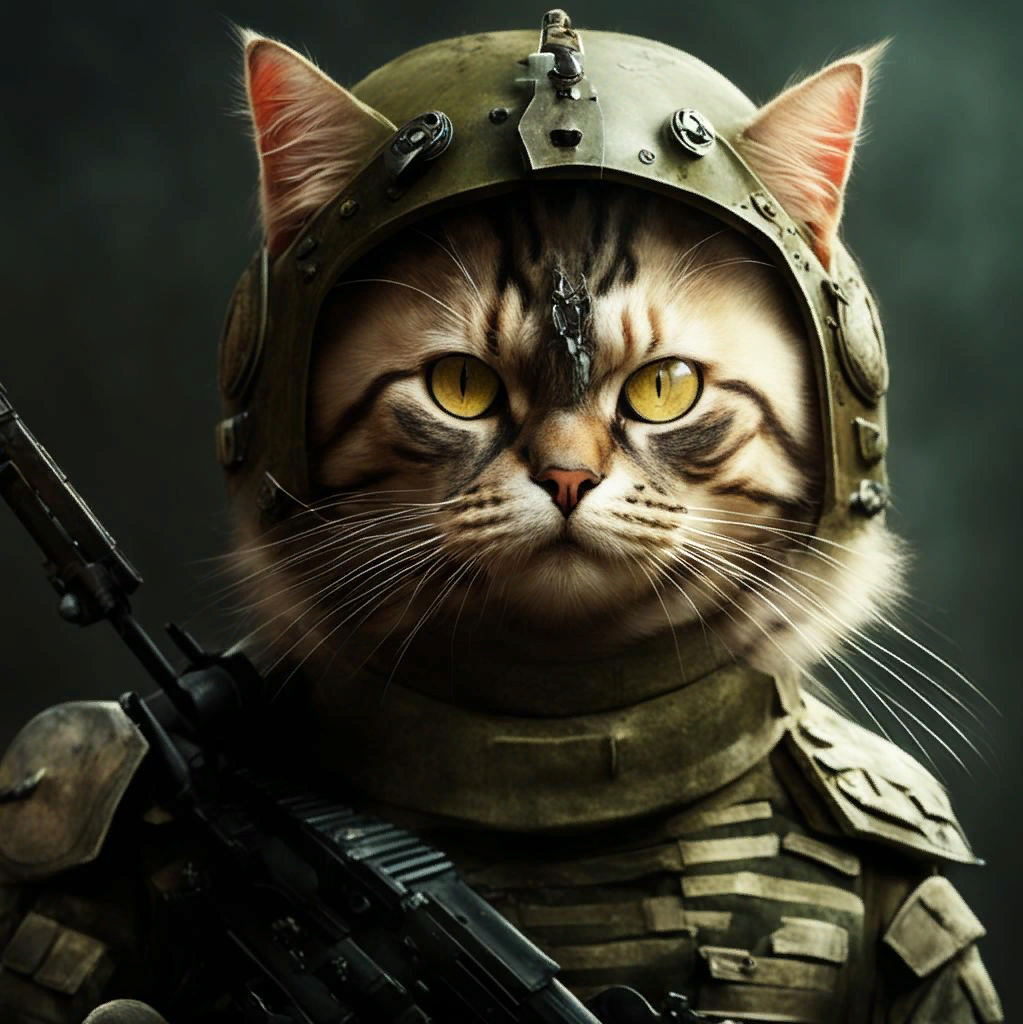 Кот военный картинка (с) Создано автором при помощи нейросети Kandinsky.