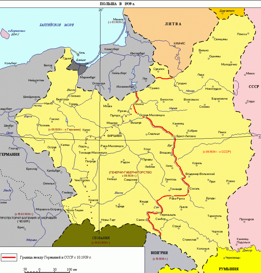 Карта Польши после её разделения.