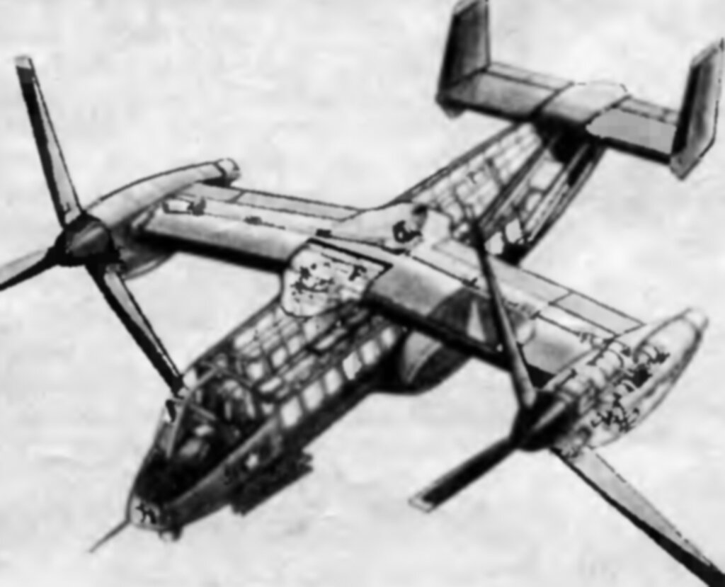 Компоновочная схема будущего самолета вертикального взлета и посадки V-22 «Оспри». По планам Пентагона должно быть построено более 900 машин этого типа. Американская печать сообщает, что большая часть V-22 «Оспри» (552 экземпляров) поступит на вооружение корпуса морской пехоты. Остальные – в армейские части и военно-морские силы.