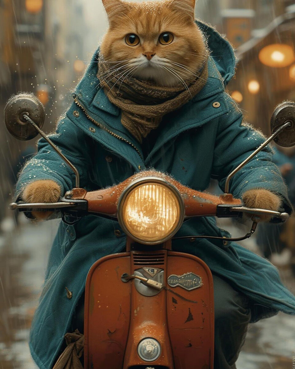 Рубрика Фантастические коты. Кошки с острова Кремовых кошек наслаждались выходными, мчась по улицам на своих очаровательных маленьких мотоциклах.