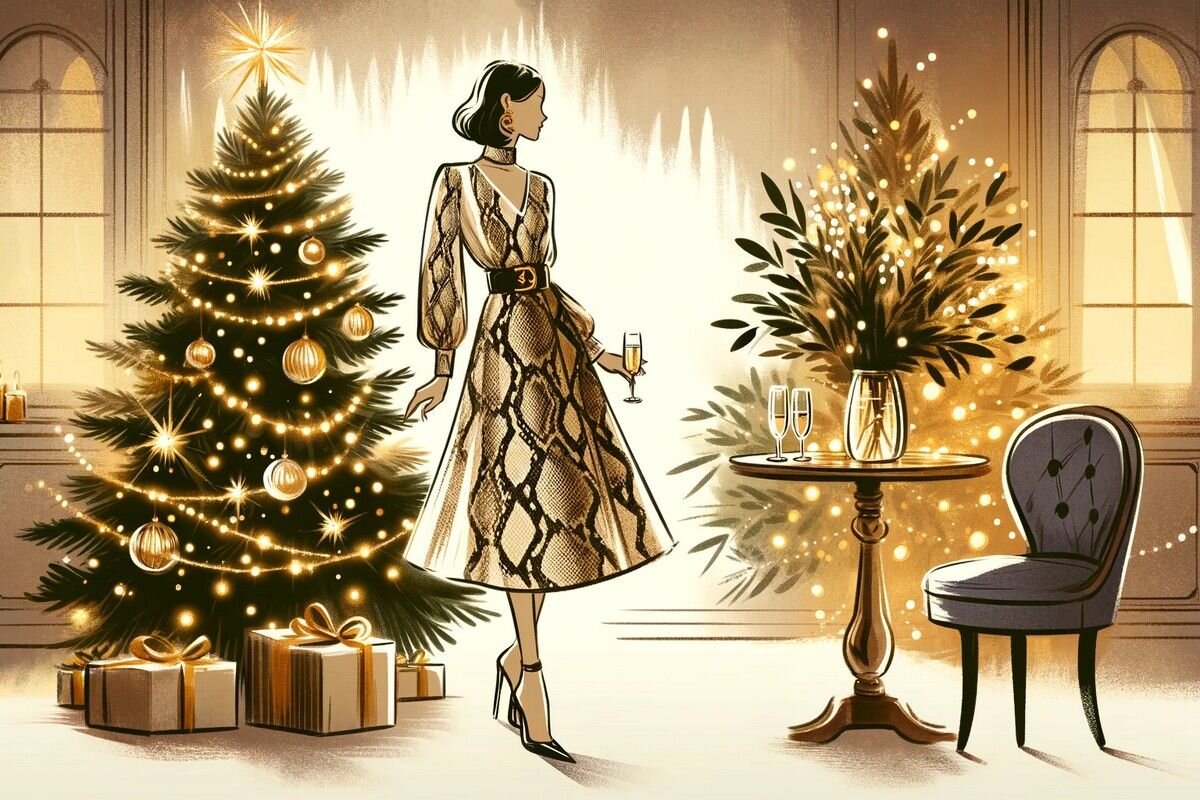 Платье со змеиными принтами — отличный выбор для праздника. Источник: нейросеть📷
