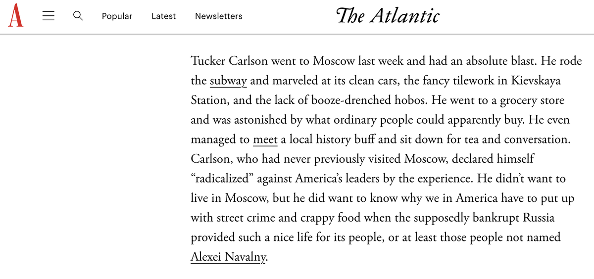 Весь текст: https://www.theatlantic.com/ideas/archive/2024/02/tucker-carlson-trip-russophilia-putin-interview/677488/ Даже по адресу страницы видно, насколько критичен материал в отношении Карлсона