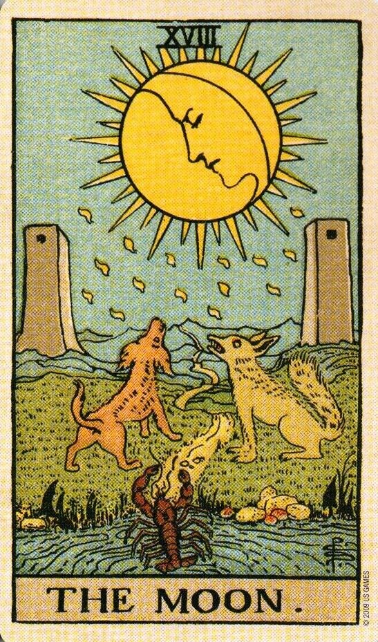 18 старший аркан — луна, олицетворяющий рыб. Изображение в классической колоде Артура Уэйта.