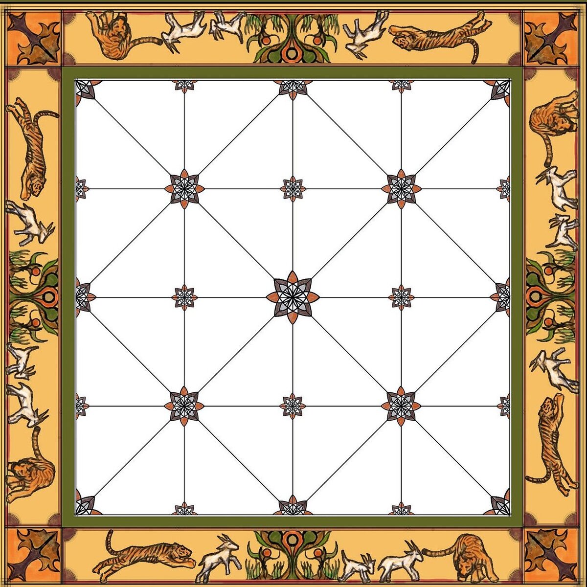 В игре принимают участие две стороны: 4 тигра пытаются поймать 20 коз, которые защищаются, блокируя тигров. Когда фигуры
животных не используются для их представления, темные фигуры используются для
тигров, а прозрачные-для коз.
Игровое поле состоит из сетки из 25 точек с линиями допустимого движения,
соединяющими их. Ходы делаются по линиям, начерченным на доске. Обратите
внимание, что между некоторыми точками, которые могут быть соединены по диагонали,
нет никакой линии, поэтому существуют некоторые ограничения.
Цель игры
Поскольку силы неравны, цель также различна для обеих сторон:
Козы должны окружить четырех тигров, чтобы ни один из них не мог сделать какое-либо
действительное движение в соответствии со следующими правилами.
Тигры победят, если поймают пять коз. Иногда говорят, что тигры должны захватить всех
коз, чтобы одержать победу, но на практике, когда захвачено несколько коз, их
возможности блокировать тигров очень малы, поэтому не стоит продлевать игру, когда
уже захвачено пять коз.         