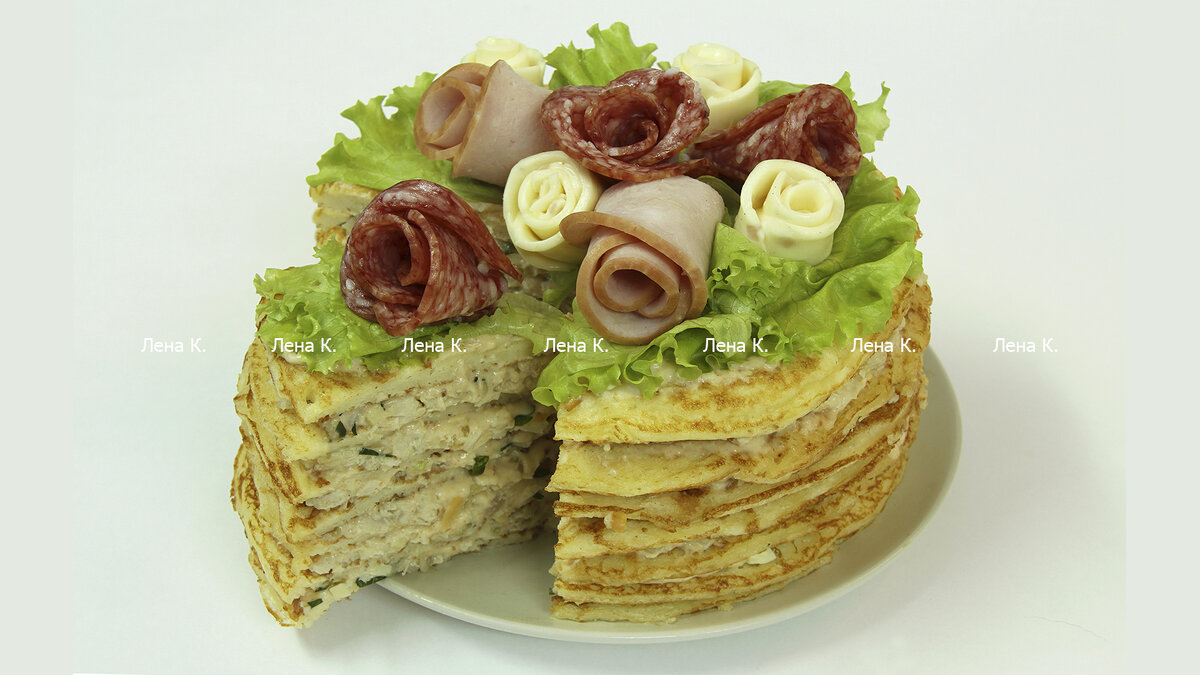 блинный торт с индейкой и соусом бешамель, приготовление и фото Лены К.