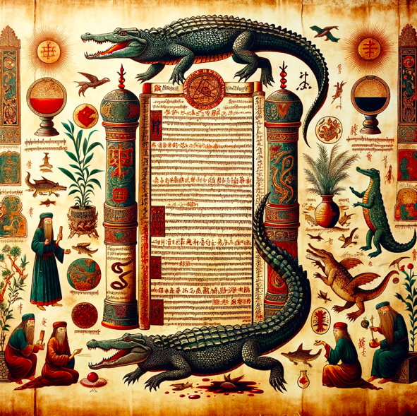 древний свиток. На свитке представлены использование крови крокодила в традиционной медицине, иллюстрации крокодилов, древних целителей и лекарственных трав. Свиток украшен символами и текстом, подчеркивающими лечебные свойства крови крокодила, отражая его историческое значение в восточных и древних медицинских практиках. Эта работа захватывает мистический и почитаемый характер крови крокодила как мощного средства в глазах традиционных целителей.