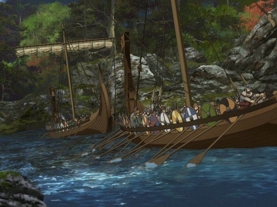 Кадр из шикарнейшего аниме «Сага о Винланде». Не раз вспоминала ее, пока слушала книгу. Сеттинг «Полкороля» очень напоминает Скандинавию времен викингов, и нравы там соответствующие. 