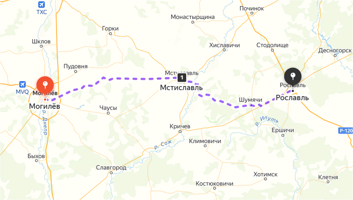 Могилев - Мстиславль - Рославль. Яндекс.Карты
