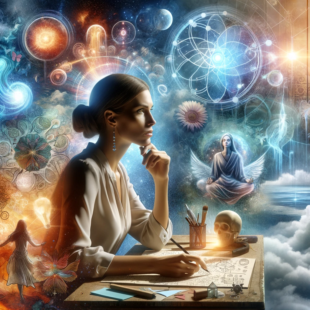 Вдумчивая женщина, сидящая за письменным столом в окружении символов перемен и духовного роста, отражающих ее путь к пониманию развивающегося мира.