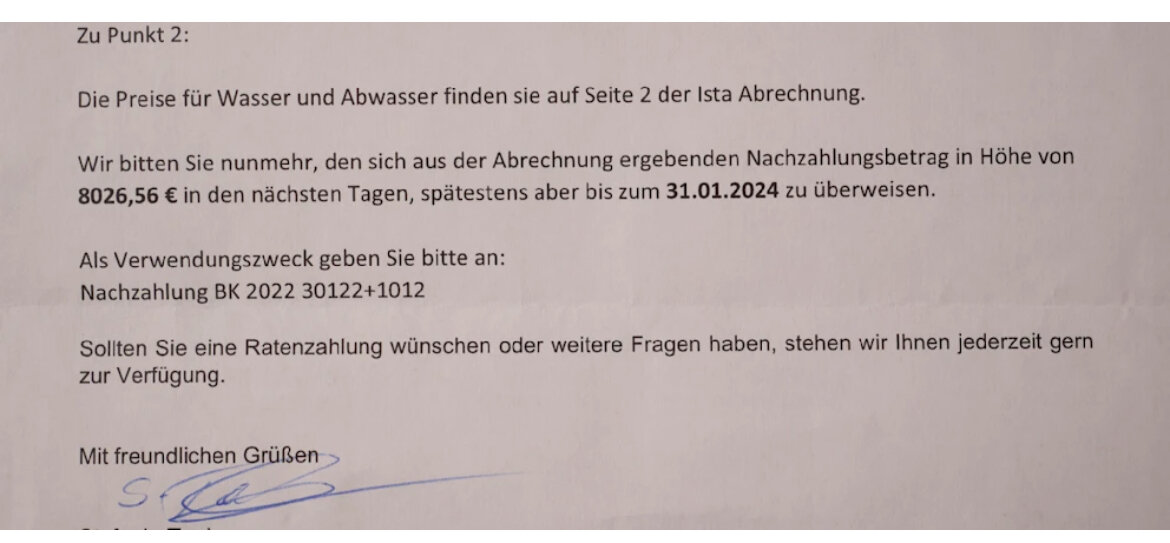 Письмо со счётом 8026,56€